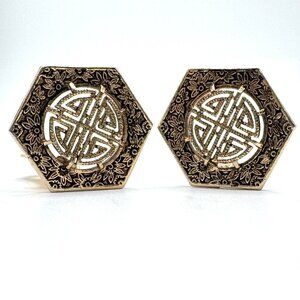 Sarah Coventry Earrings Gold Tone Asian Teahouse 1977 Vintage Clip-on Signed